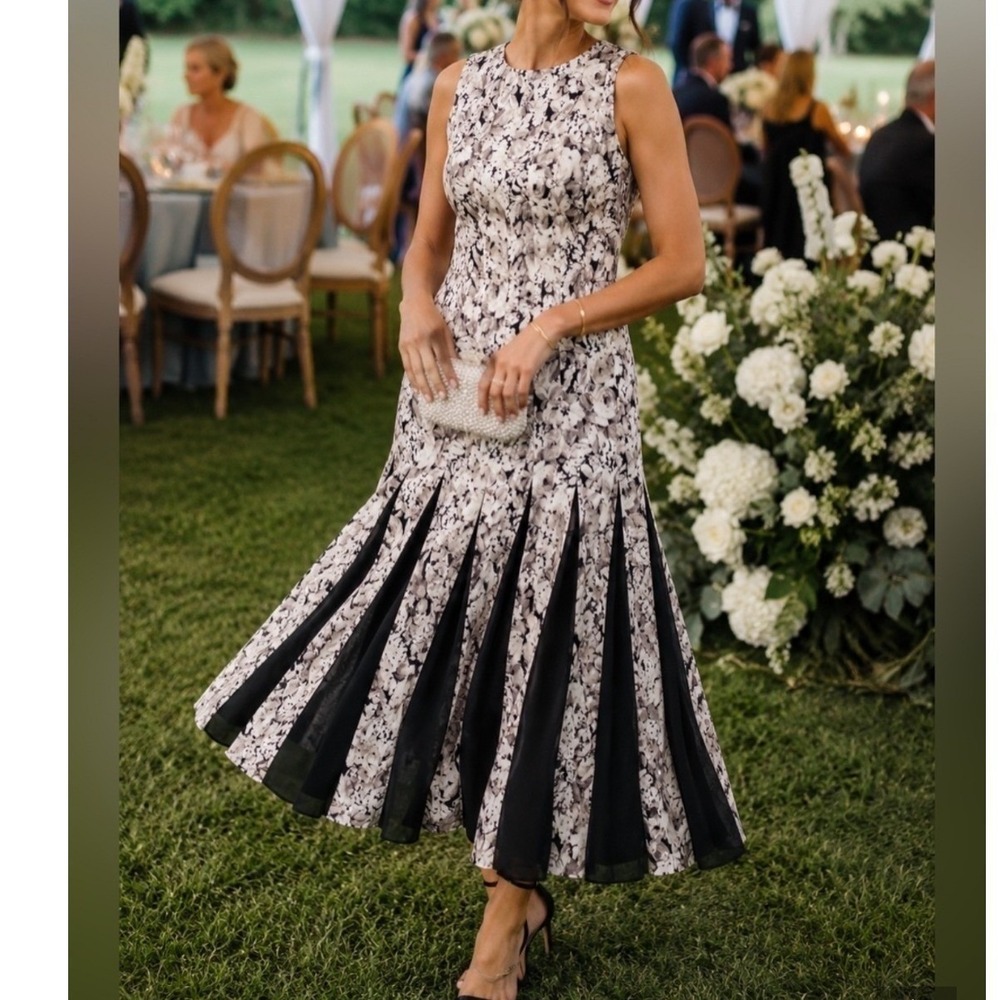 Tuckernuck Midnight Garden Midi Dress Sz 4 Black White Floral Pleated Sleeveless